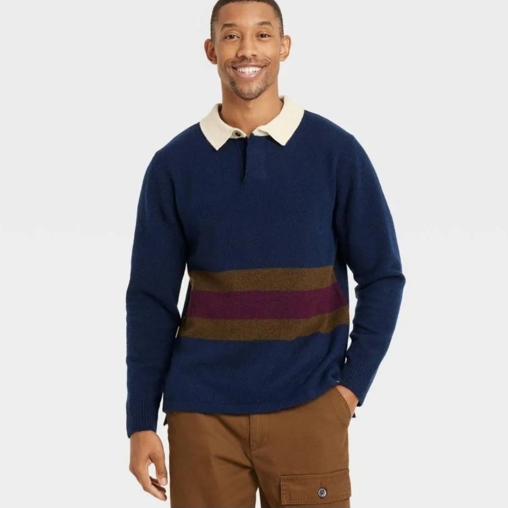 Houston White Men's Blue Sweater with Striped Design Size XL